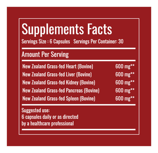 Close-up of 100% pure freeze-dried bovine organ powder inside vegetarian capsules, featuring a clean blend of liver, heart, kidney, spleen, and pancreas.